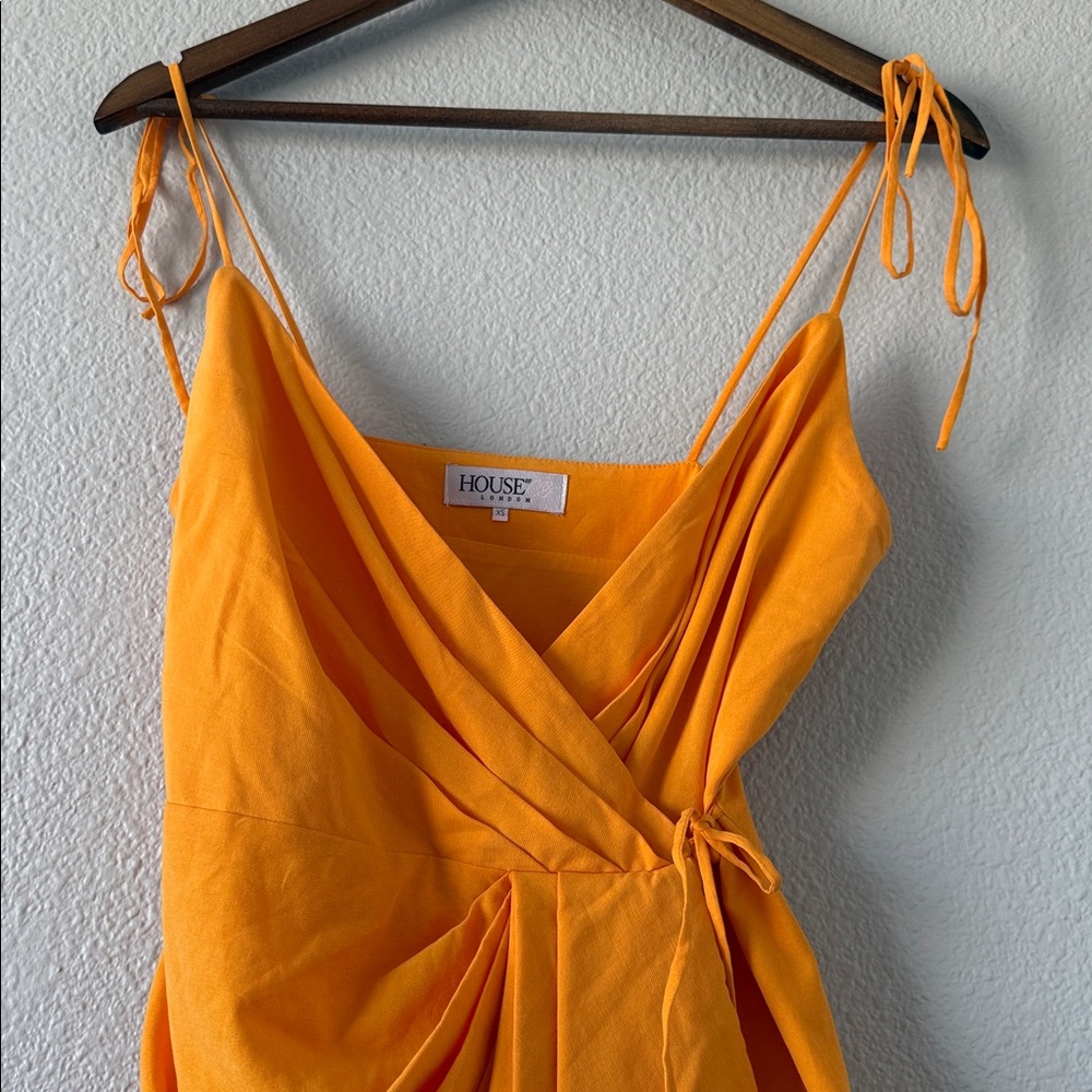House of CB Carolina Mango Orange Yellow Wrap Strappy Pleated Mini Dress XS - Picture 4 of 8